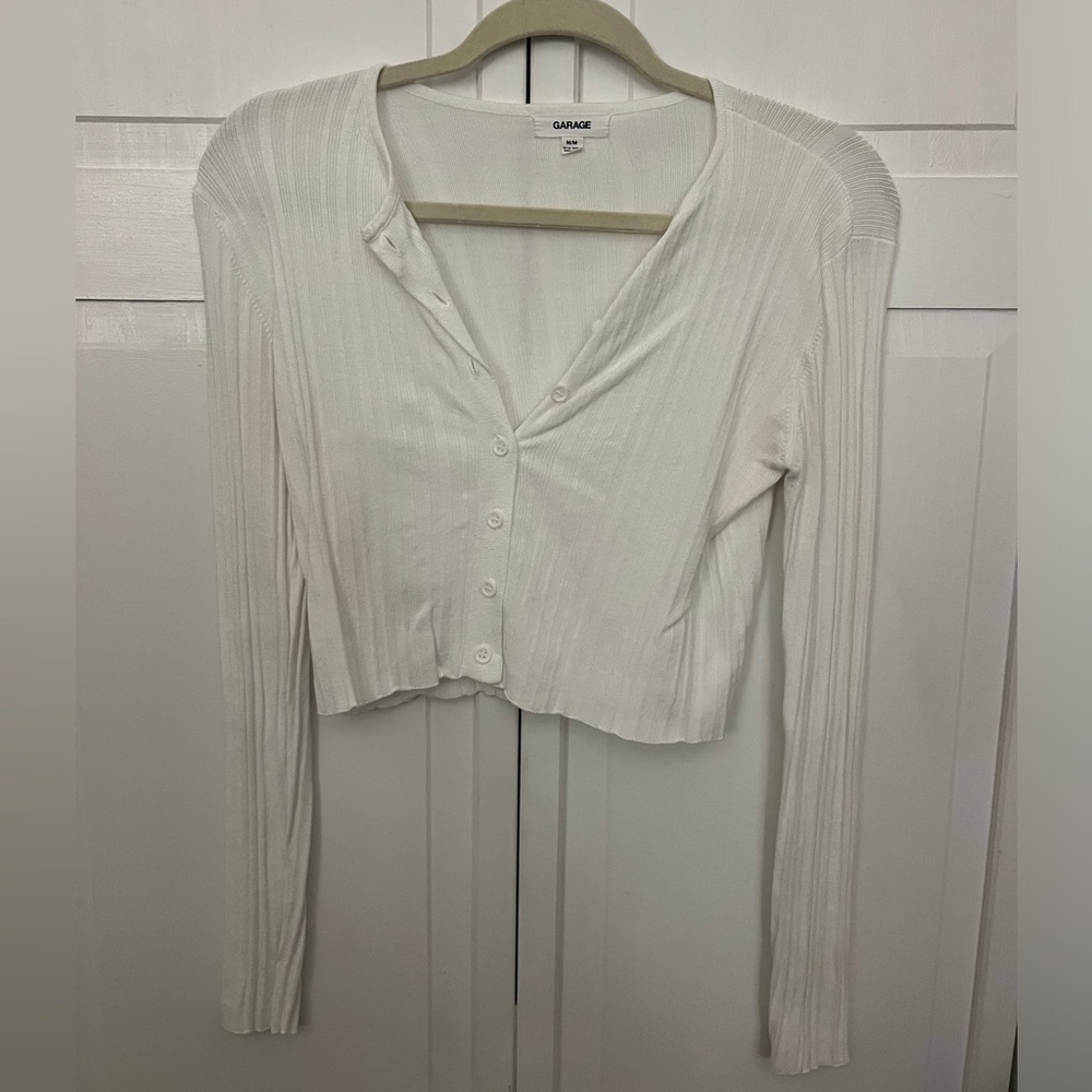 Garage Ribbed Cropped White Button-up Cardigan